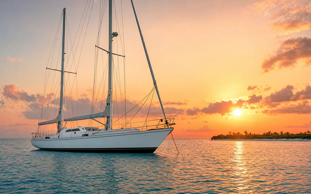 Velero Amel 54 blanco fondeado al atardecer frente a la costa de Belice