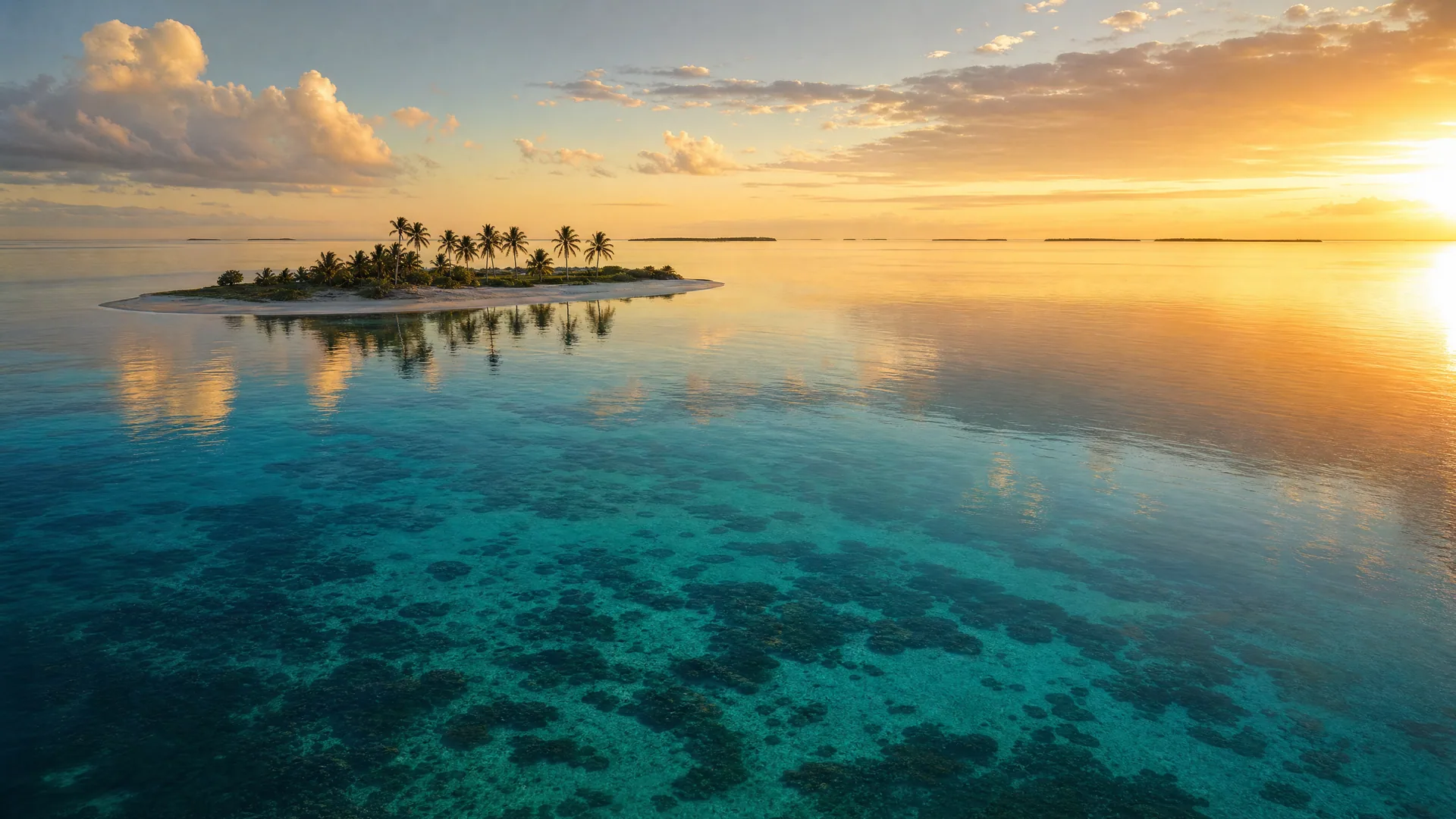 Bahía tranquila de Belice al atardecer con un pequeño cayo de palmeras