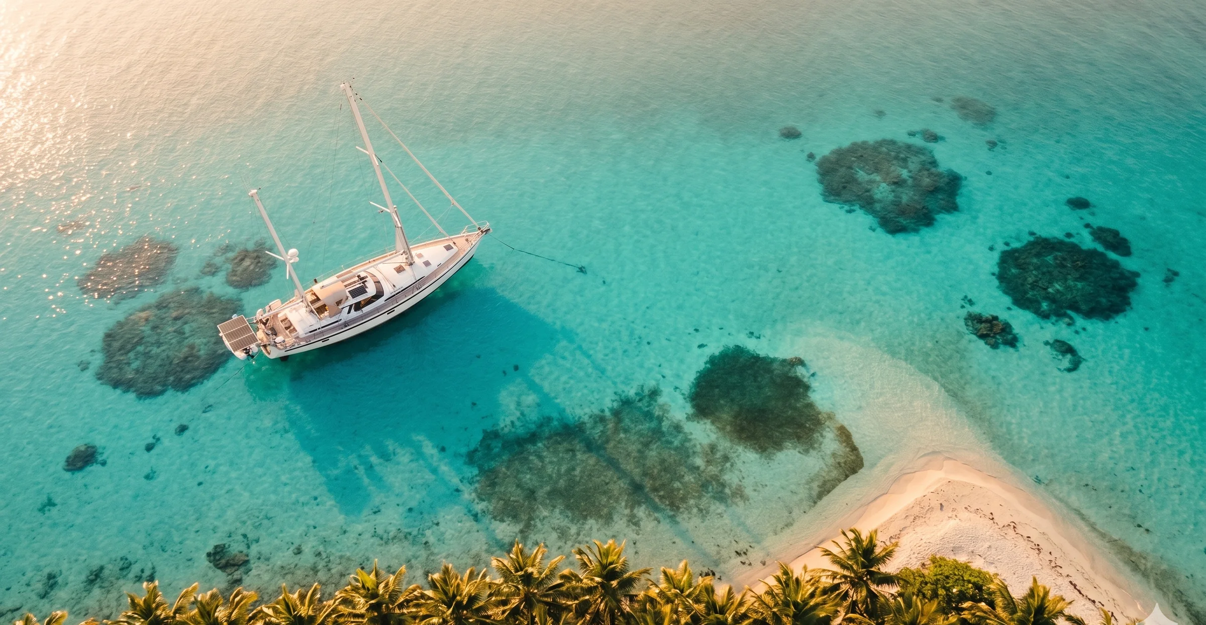 Aerial drone view of AMEL 54 yacht anchored in turquoise Belize Barrier Reef lagoon at golden hour