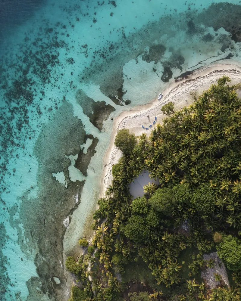 Vista aérea de Moho Caye: palmeras, una lengua de arena blanca y agua baja sobre el arrecife