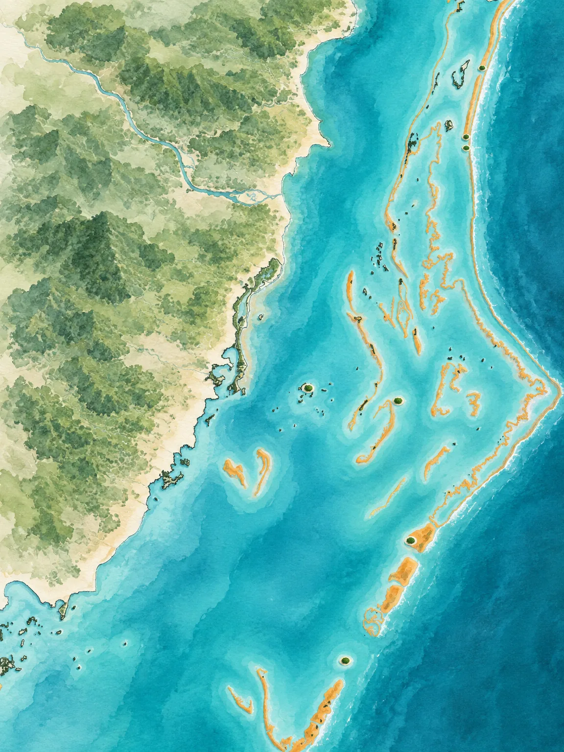 Akwarelowa mapa południowego Belize: wybrzeże od Hopkins do Placencii i wysepki na Rafie Belize